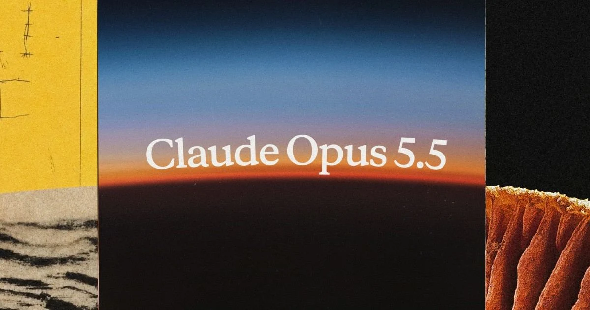 Visuel de lancement de Claude Opus 5.5 : le nom du modèle sur un horizon bleu et orangé