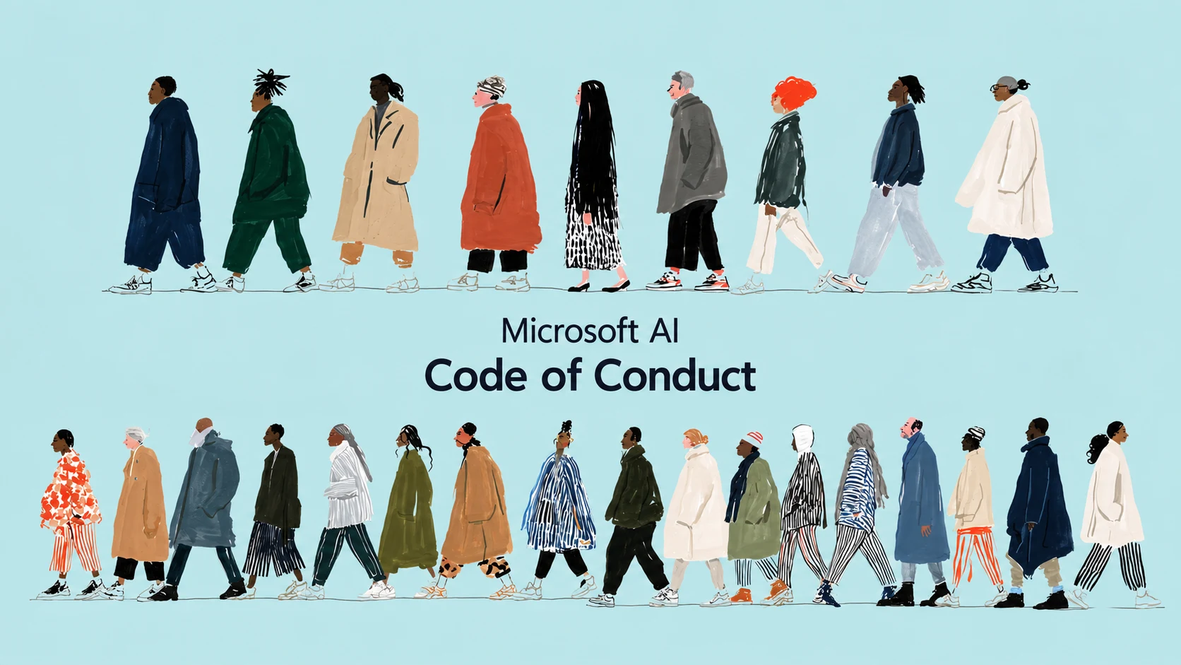 Personnages peints issus de l’illustration officielle de Microsoft AI pour sa consultation sur le Code of Conduct.