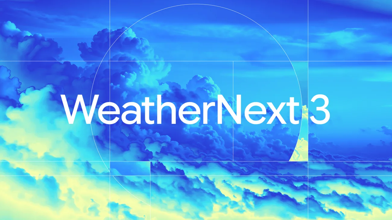 Visuel officiel WeatherNext 3 avec nuages colorés et lignes de prévision